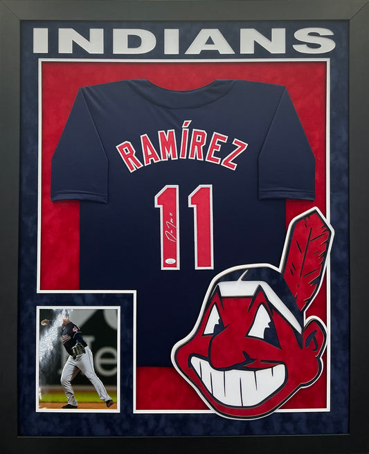 Cleveland Guardians Jose Ramirez Hand Signed Autographed Custom Navy Jersey Framed & Suede Matted with XL 3D Logo & Team Name Cutout JSA COA