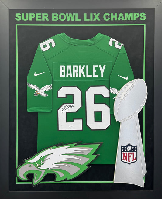 Philadelphia Eagles Saquon Barkley  Hand Signed Autographed Authentic Kelly Green Jersey Framed and Double Suede Matted with XL 3D Logo JSA COA