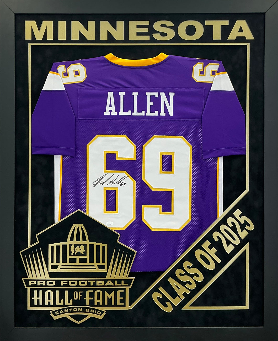 Jared Allen EXCLUSIVE PRO FOOTBALL HALL OF FAME FRAMING XL 3D LOGO WITH DOUBLE SUEDE JSA Coa