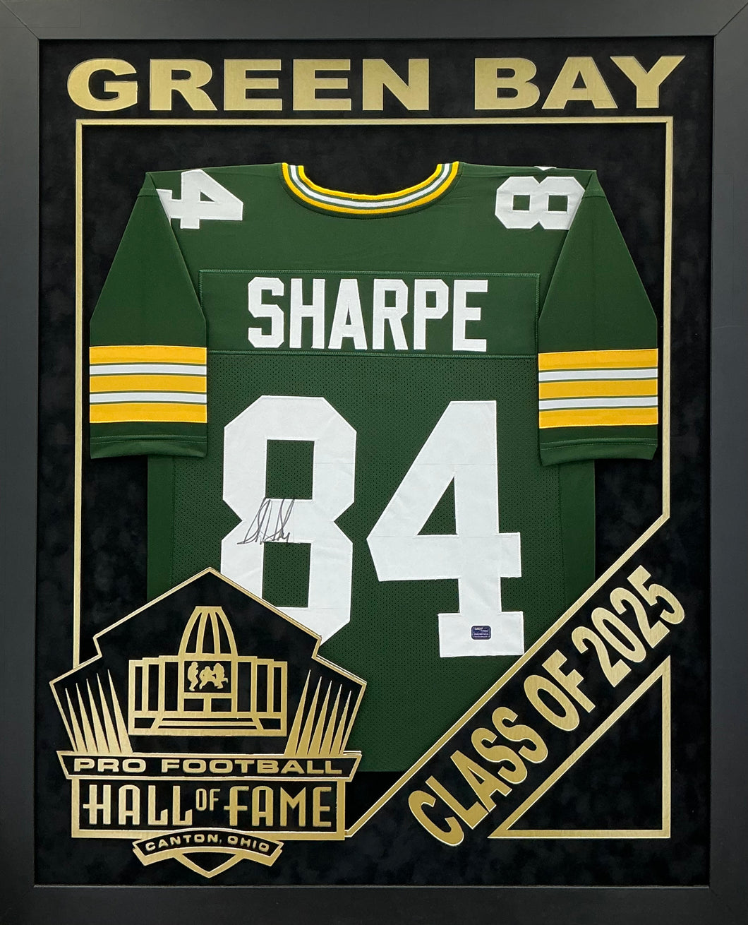 Sterling Sharpe EXCLUSIVE PRO FOOTBALL HALL OF FAME FRAMING XL 3D LOGO WITH DOUBLE SUEDE Legit Prova Coa