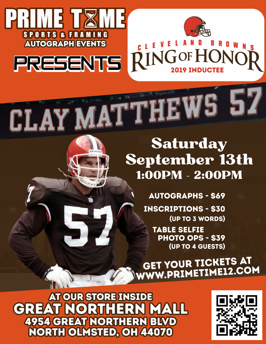 Clay Matthews 9/13/25 at Great Northern Mall Pre-Sale ticket for TABLE SELFIE PHOTO OP to have your photo taken (up to 4 people at once) with the player