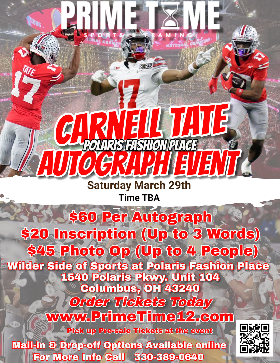 Carnell Tate The Ohio State Buckeyes National Champion WR 3/29/25 at Polaris Fashion Place Pre-Sale ticket for PHOTO OP to have your photo taken (up to 4 people at once) with the player