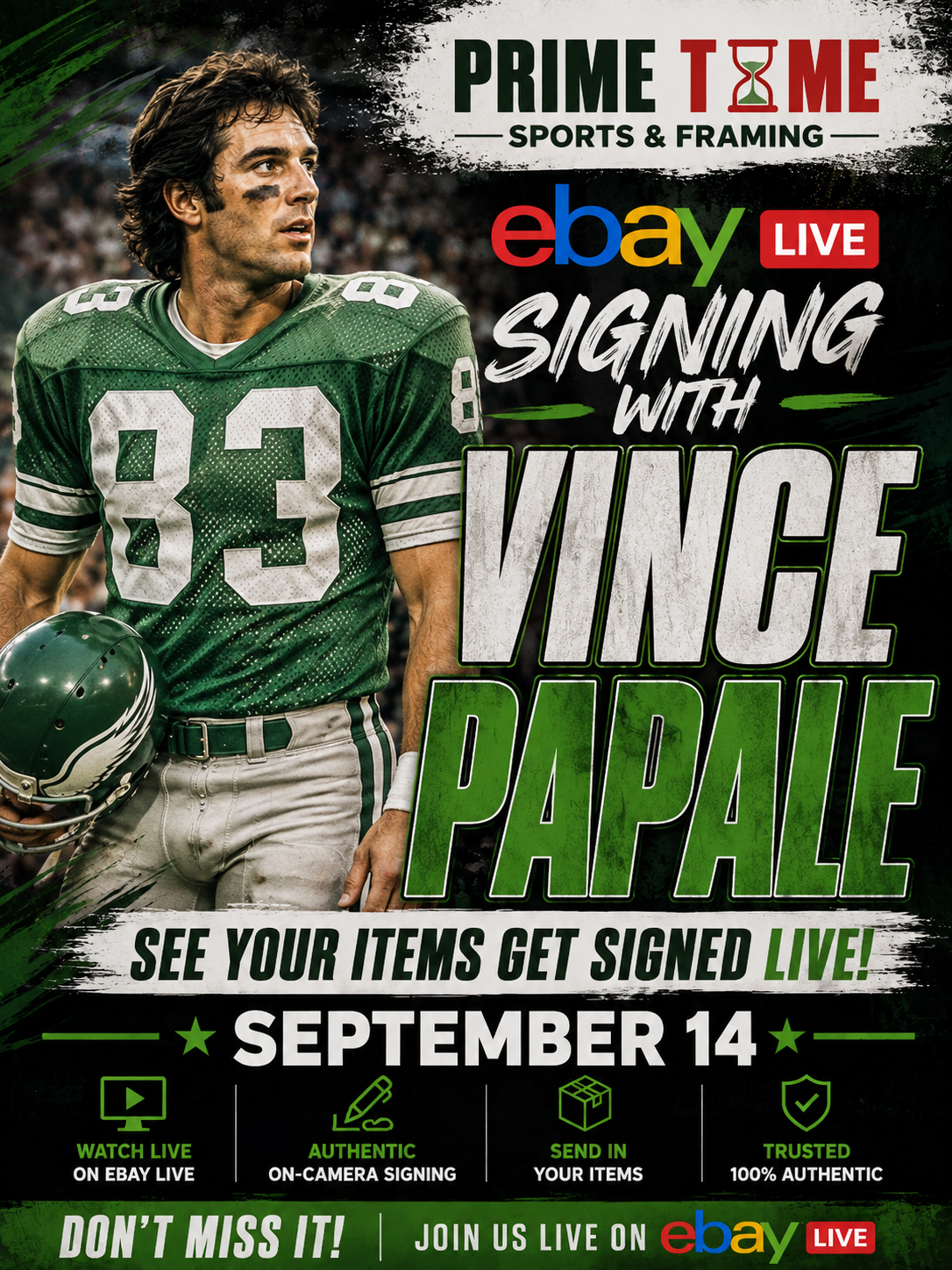 Vince Papale Mail-in Ticket for Private Signing on 1 Item YOU WILL NOT MEET Vince Papale
