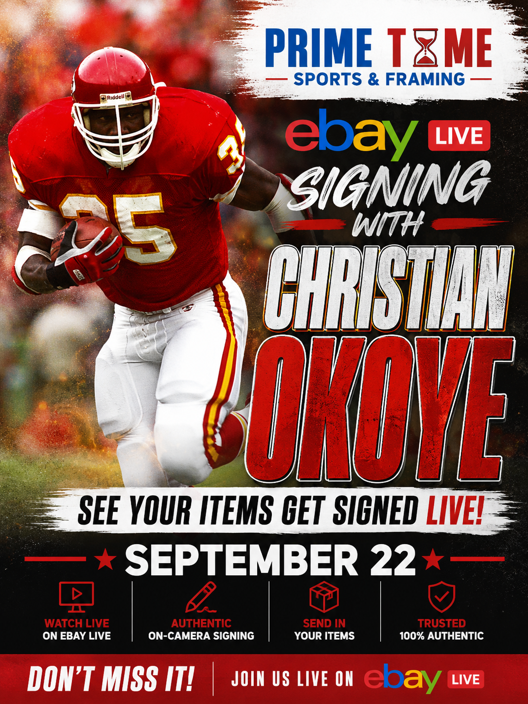 Christian Okoye Mail-in Ticket for Private Signing on 1 Item YOU WILL NOT MEET Christian Okoye