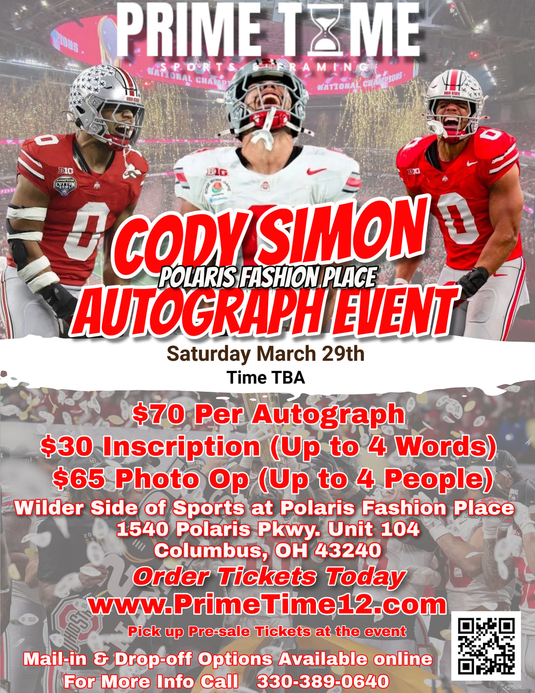 Cody Simon The Ohio State Buckeyes National Champion LB 3/29/25 at Polaris Fashion Place Pre-Sale ticket for PHOTO OP to have your photo taken (up to 4 people at once) with the player