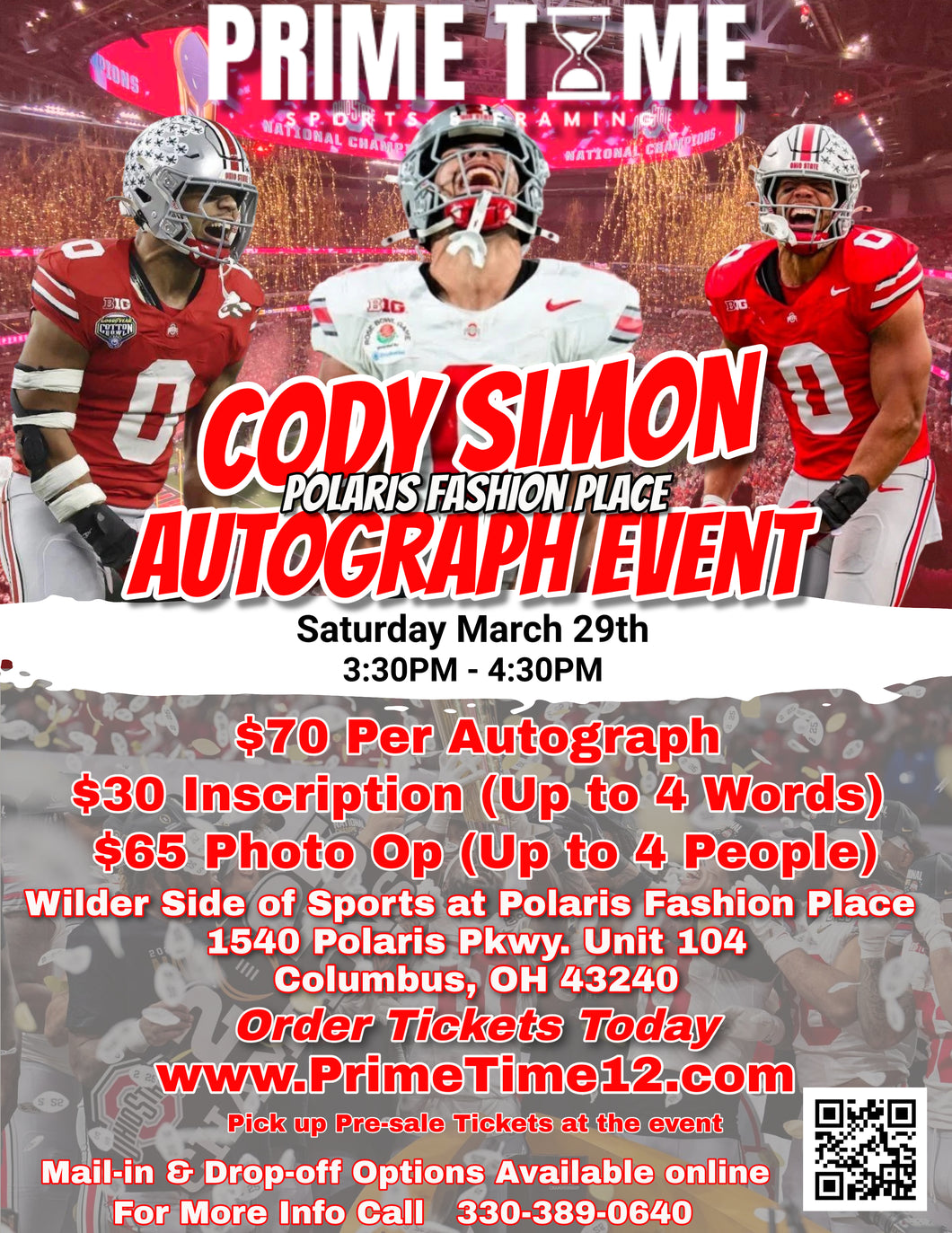 Cody Simon The Ohio State Buckeyes National Champion LB 3/29/25 at Polaris Fashion Place Pre-Sale ticket for PHOTO OP to have your photo taken (up to 4 people at once) with the player