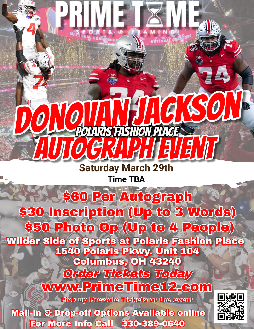 Donovan Jackson The Ohio State Buckeyes National Champion OG 3/29/25 at Polaris Fashion Place Pre-Sale ticket for PHOTO OP to have your photo taken (up to 4 people at once) with the player