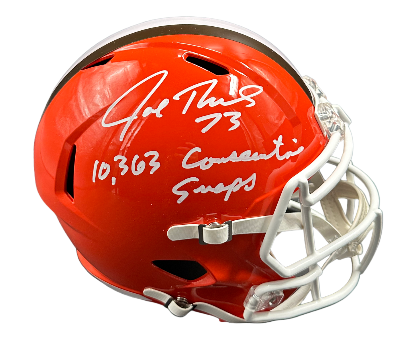 Cleveland Browns Joe Thomas Hand Signed Autographed Full Size Throwback Helmet with White Face mask with "Consecutive Snaps" Inscription JSA COA