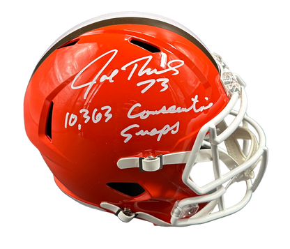 Cleveland Browns Joe Thomas Hand Signed Autographed Full Size Throwback Helmet with White Face mask with "Consecutive Snaps" Inscription JSA COA