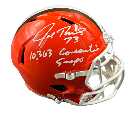 Cleveland Browns Joe Thomas Hand Signed Autographed Full Size Throwback Helmet with White Face mask with "Consecutive Snaps" Inscription JSA COA