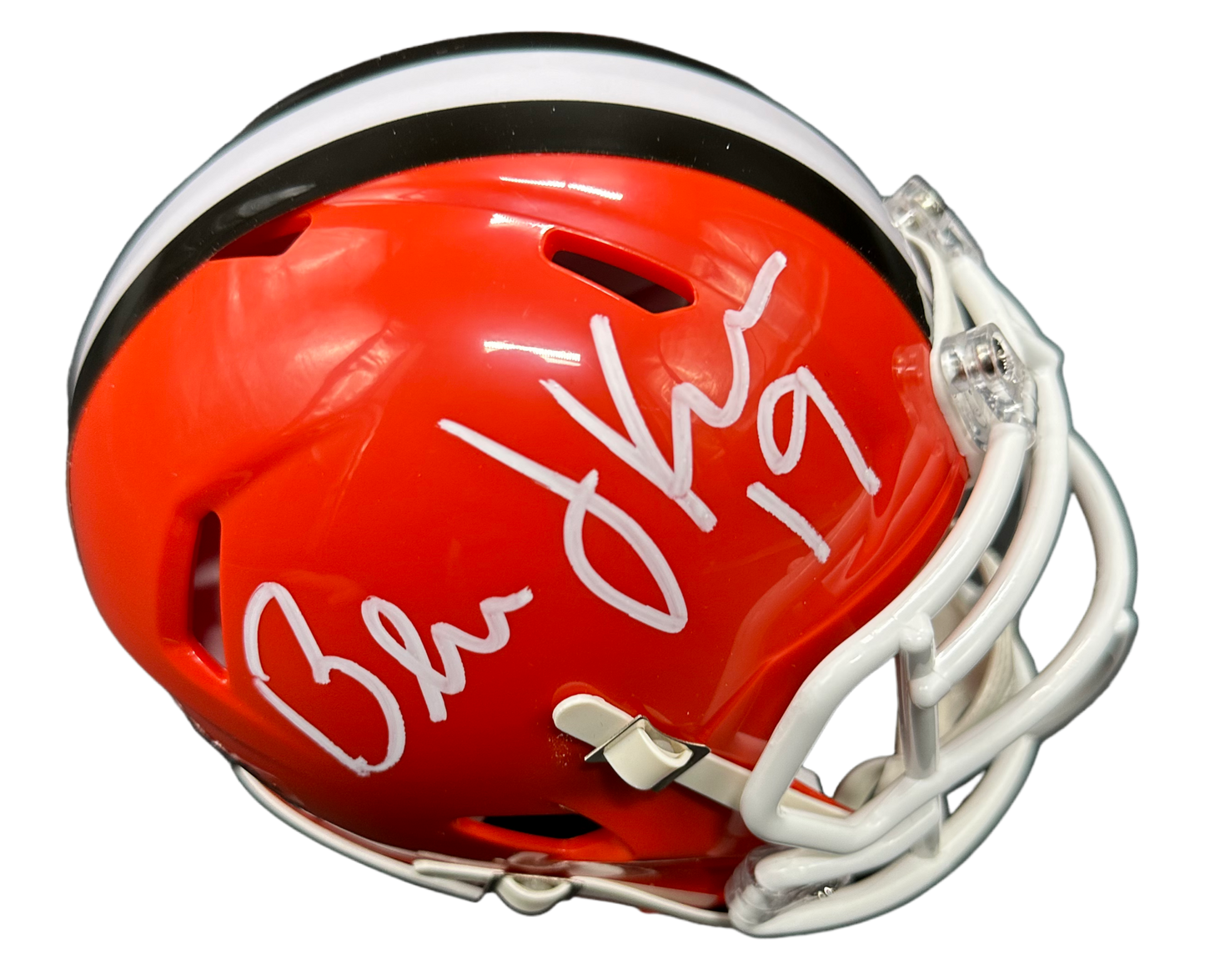 Cleveland Browns Bernie Kosar Hand Signed Autographed Throwback White Face Mask Mini Helmet with JSA COA