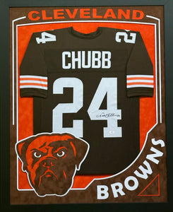 Cleveland Browns Nick Chubb Signed Jersey Framed XL Logo & Suede Matting Fivestar COA
