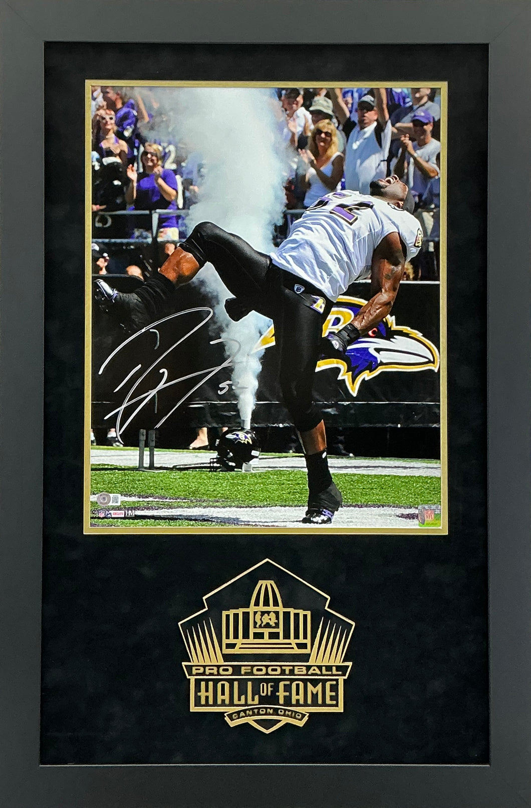 Ray Lewis - EXCLUSIVE PRO FOOTBALL HALL OF FAME PHOTO FRAMING 3D LOGO WITH DOUBLE SUEDE Beckett COA