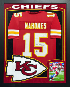 Kansas City Chiefs Patrick Mahomes Signed Red Jersey Framed & Suede Matted With XL 3D Logo And Custom Cutouts BECKETT COA