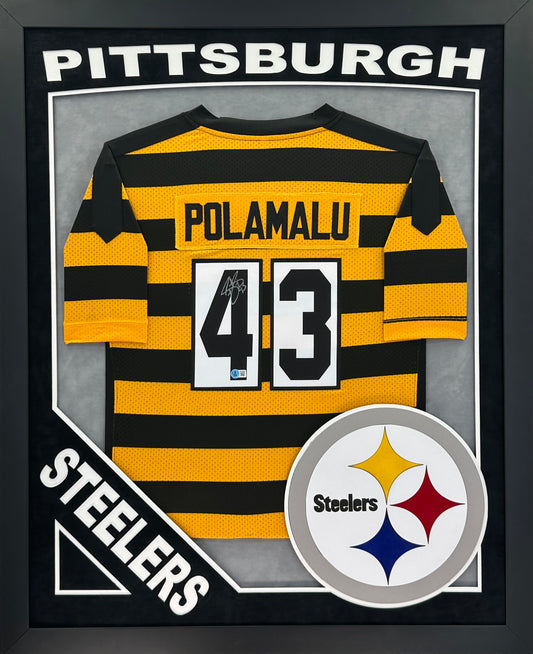 Pittsburgh Steelers Troy Polamalu Hand Signed Autographed Custom Bumblebee Jersey Framed & Double Suede Matted with XL 3D Logo BECKETT COA
