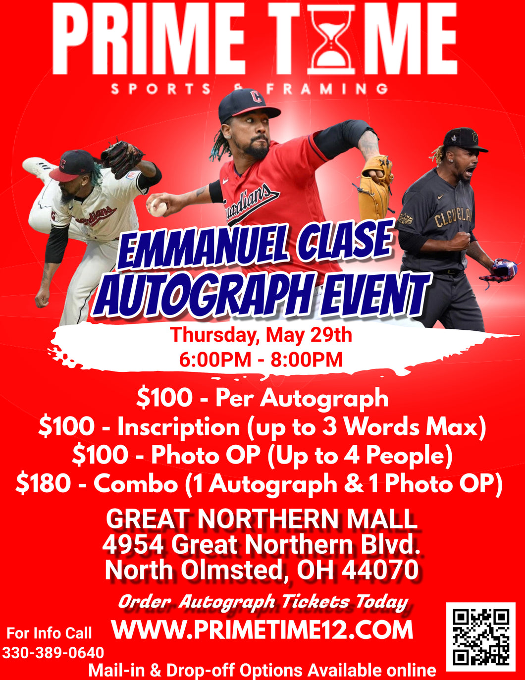 Emmanuel Clase 5/29/25 at Great Northern Mall Pre-Sale COMBO ticket for autograph signing on any 1 ITEM & Photo Op (1 Photo with up to 4 People)