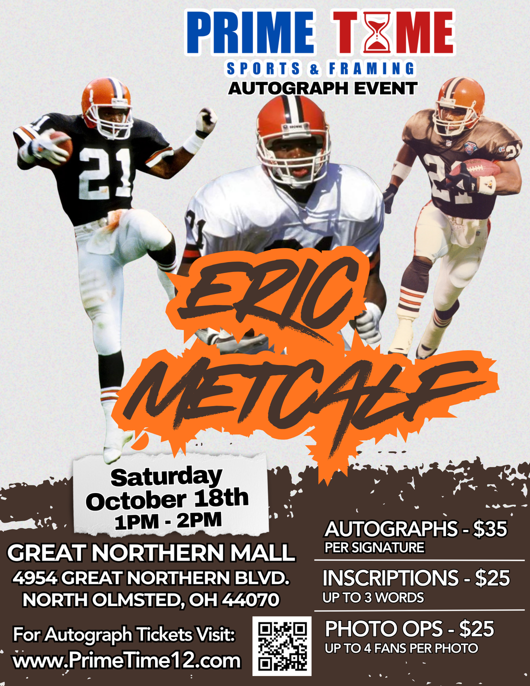 Eric Metcalf 10/18/25 at Great Northern Mall Pre-Sale ticket for PHOTO OP to have your photo taken (up to 4 people at once) with the player