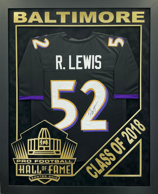 Ray Lewis - EXCLUSIVE PRO FOOTBALL HALL OF FAME FRAMING XL 3D LOGO WITH DOUBLE SUEDE JSA COA