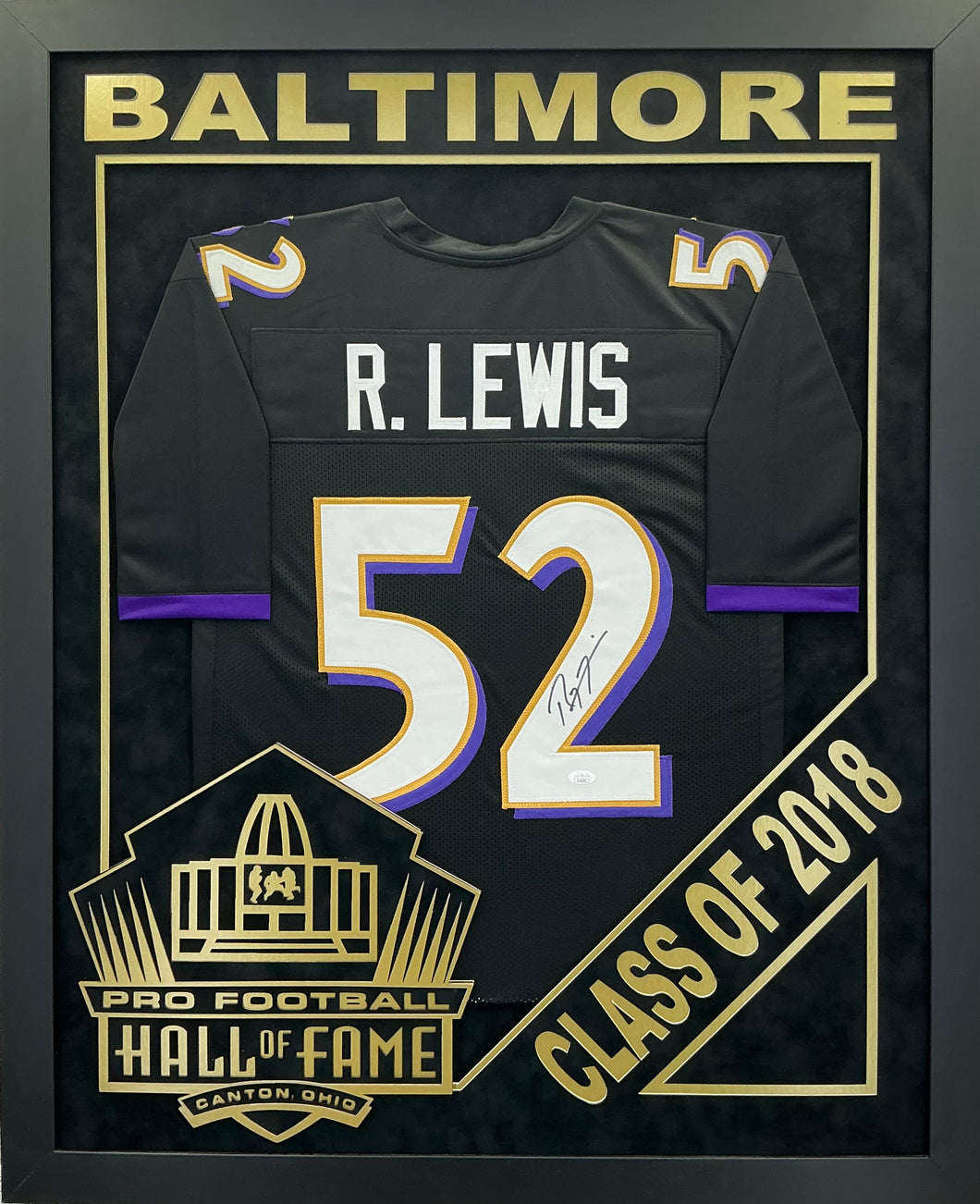 Ray Lewis - EXCLUSIVE PRO FOOTBALL HALL OF FAME FRAMING XL 3D LOGO WITH DOUBLE SUEDE JSA COA
