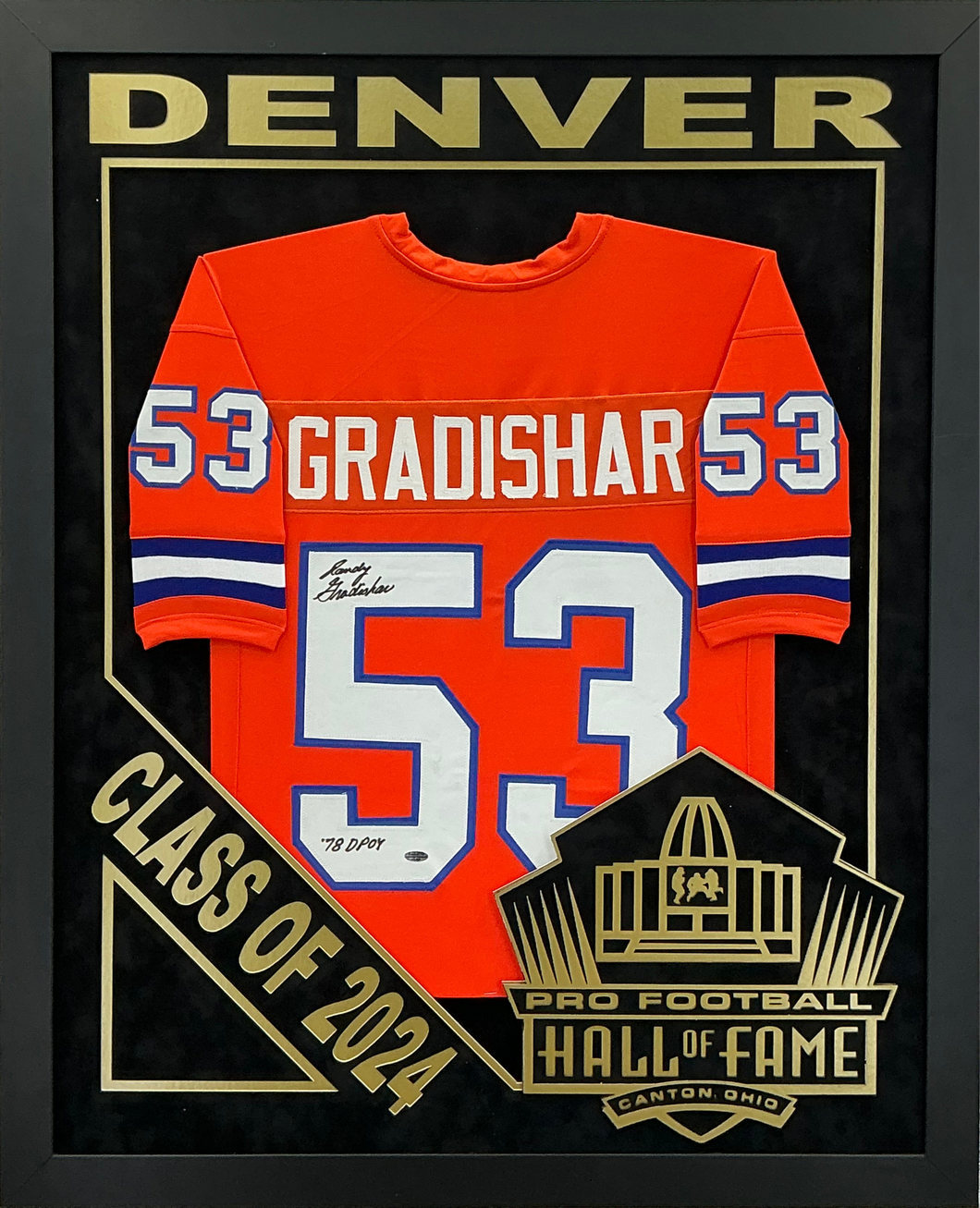 Randy Gradishar - EXCLUSIVE PRO FOOTBALL HALL OF FAME FRAMING XL 3D LOGO WITH DOUBLE SUEDE