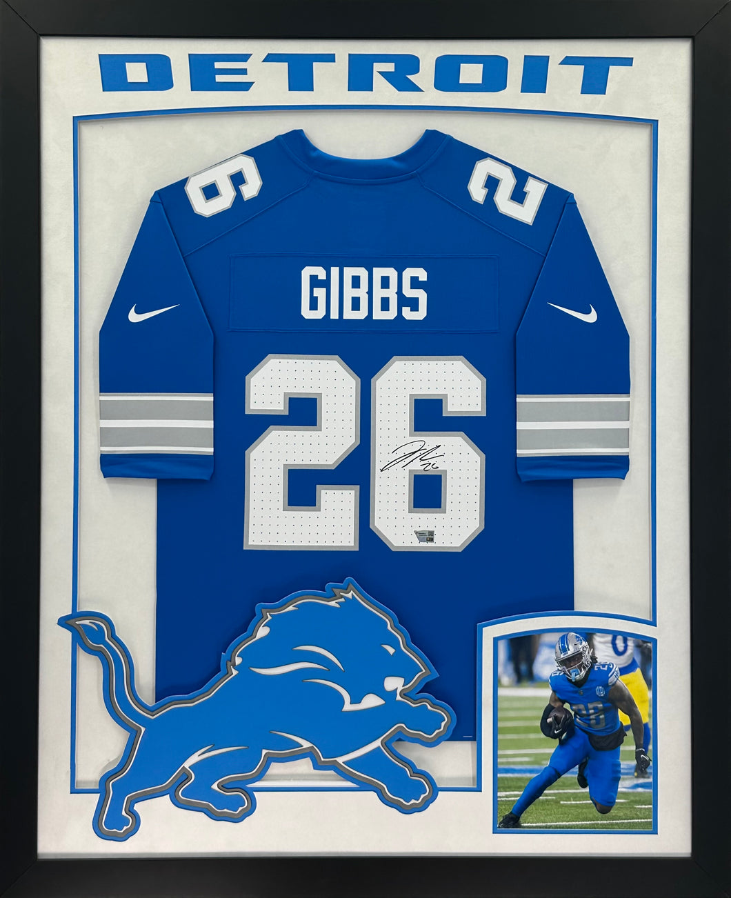 Detroit Lions Jahmyr Gibbs Hand Signed Autographed Authentic Nike Framed Jersey with XL 3D Logo / Double Suede Matted Fanatics COA