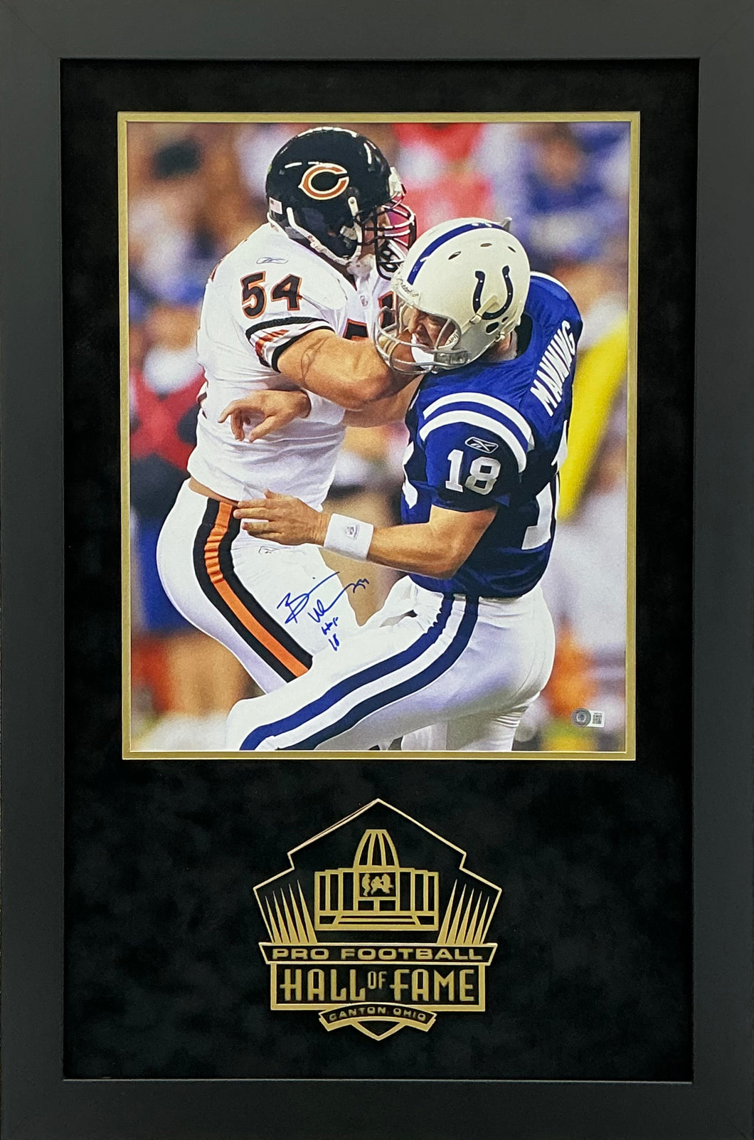 Brian Urlacher - EXCLUSIVE PRO FOOTBALL HALL OF FAME PHOTO FRAMING 3D LOGO WITH DOUBLE SUEDE Beckett Coa
