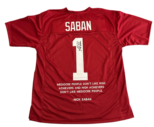 Alabama Crimson Tide “Bama” Nick Saban Hand Signed Autographed Custom Red Famous Mediocre Quote Jersey JSA COA