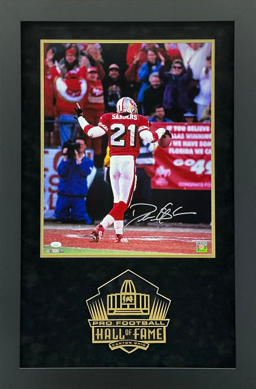 Deion Sanders - EXCLUSIVE PRO FOOTBALL HALL OF FAME PHOTO FRAMING 3D LOGO WITH DOUBLE SUEDE JSA COA