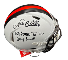 Load image into Gallery viewer, Cleveland Browns Nick Chubb Hand Signed Autographed Full Size Authentic 2023 ON FIELD WHITE ALTERNATE STYLE SPEED Helmet With Inscription Beckett COA