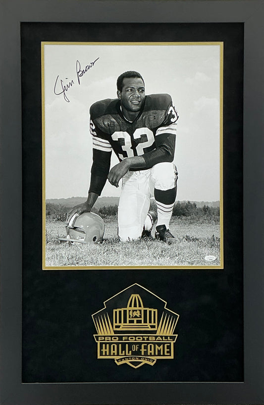 Jim Brown - EXCLUSIVE PRO FOOTBALL HALL OF FAME PHOTO FRAMING 3D LOGO WITH DOUBLE SUEDE JSA COA