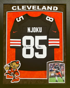 Cleveland Browns David Njoku Hand Signed with "The Chief" Inscription Custom Brown Jersey Framed & Suede Matted with XL 3D Logo and Team Name Cutout with JSA COA