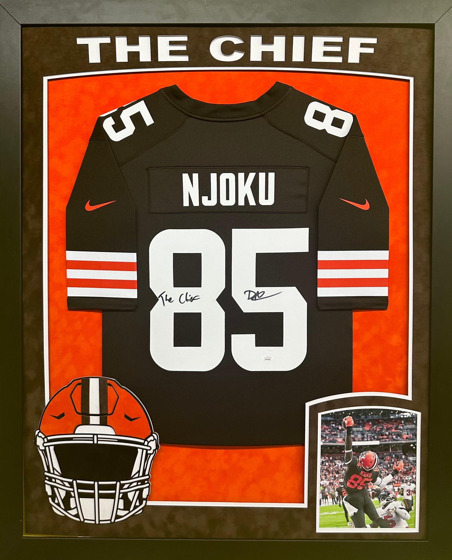 Cleveland Browns David Njoku Hand Signed with "The Chief" Inscription Custom Brown Jersey Framed & Suede Matted with XL 3D Logo and Team Name Cutout with JSA COA