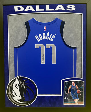 Dallas Mavericks Luka Doncic Hand Signed Autographed Authentic Blue Jersey Framed & Suede Matted with XL 3D Logo and Team Name Cutout with Fanatics COA