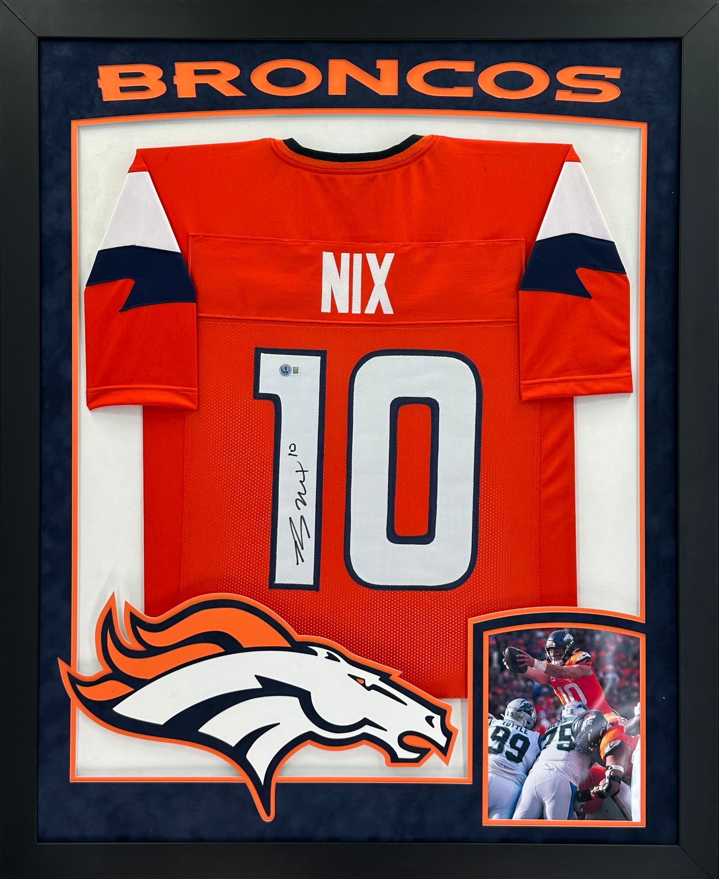 Denver Broncos Bo Nix Hand Signed Autographed Custom Orange Jersey Framed and Double Suede Matted with XL 3D Logo & Team Name Cutout BECKETT COA