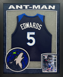 Minnesota Timberwolves Anthony Edwards Hand Signed Autographed Custom Navy Jersey Framed and Double Suede Matted with XL 3D Logo & "Ant-Man" Cutout JSA COA