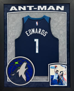 Minnesota Timberwolves Anthony Edwards Hand Signed Autographed Authentic Blue Jersey Framed and Double Suede Matted with XL 3D Logo & "Ant-Man" Cutout JSA COA