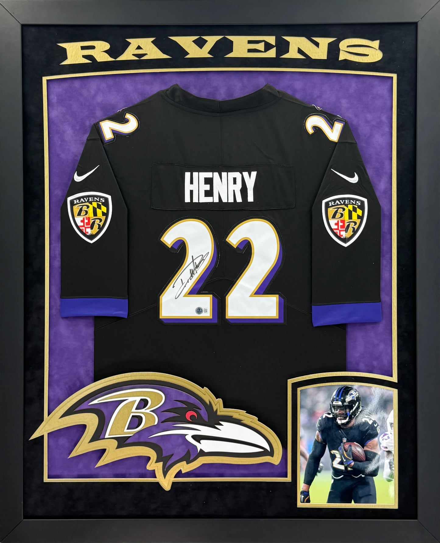 Baltimore Ravens Derrick Henry Hand Signed Autographed Authentic Nike Black Jersey Framed with Suede Matting, XL 3D Logo, & Cutout Lettering Includes Beckett COA
