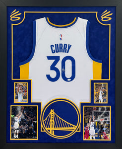 Golden State Warriors Stephen Curry Hand Signed Autographed Authentic White Jersey Framed & Double Suede Matted with XL 3D Logo JSA COA