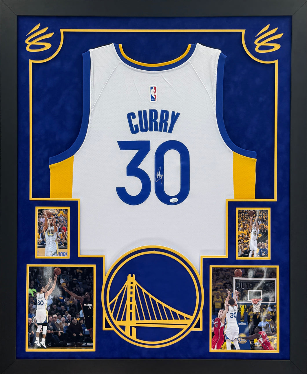 Golden State Warriors Stephen Curry Hand Signed Autographed Authentic White Jersey Framed & Double Suede Matted with XL 3D Logo JSA COA