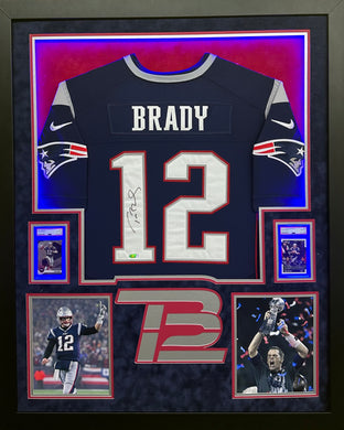 New England Patriots Tom Brady Hand Signed Autographed Authentic Blue Jersey Framed & Double Suede Matted with LED Lights with COA