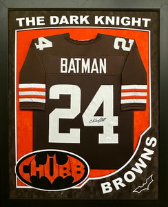 Cleveland Browns Nick Chubb Hand Signed Autographed Custom Brown "Batman" Jersey Framed & Double Suede Matted with "The Dark Knight" Cut Out & XL 3D LOGO with JSA COA