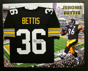 Pittsburgh Steelers Jerome Bettis Hand Signed Autographed Horizontal Large Photo Print Custom Black Framed Jersey with Totalsports COA