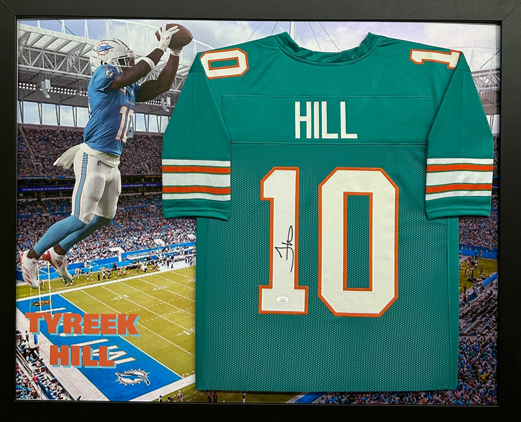 Miami Dolphins Tyreek Hill Hand Signed Autographed Horizontal Large Photo Print Custom Teal Framed Jersey with JSA COA