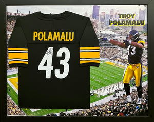 Pittsburgh Steelers Troy Polamalu Hand Signed Autographed Horizontal Large Photo Print Custom Black Framed Jersey with Totalsports COA