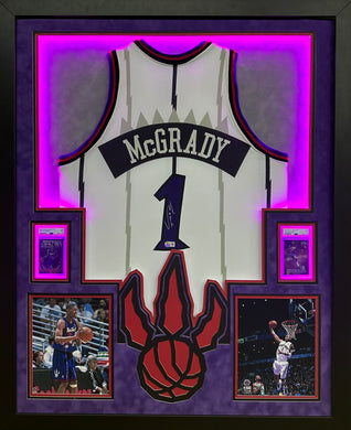 Toronto Raptors Tracy McGrady Hand Signed Autographed Custom White Striped Jersey Framed & Double Suede Matted with LED Lights with Beckett COA