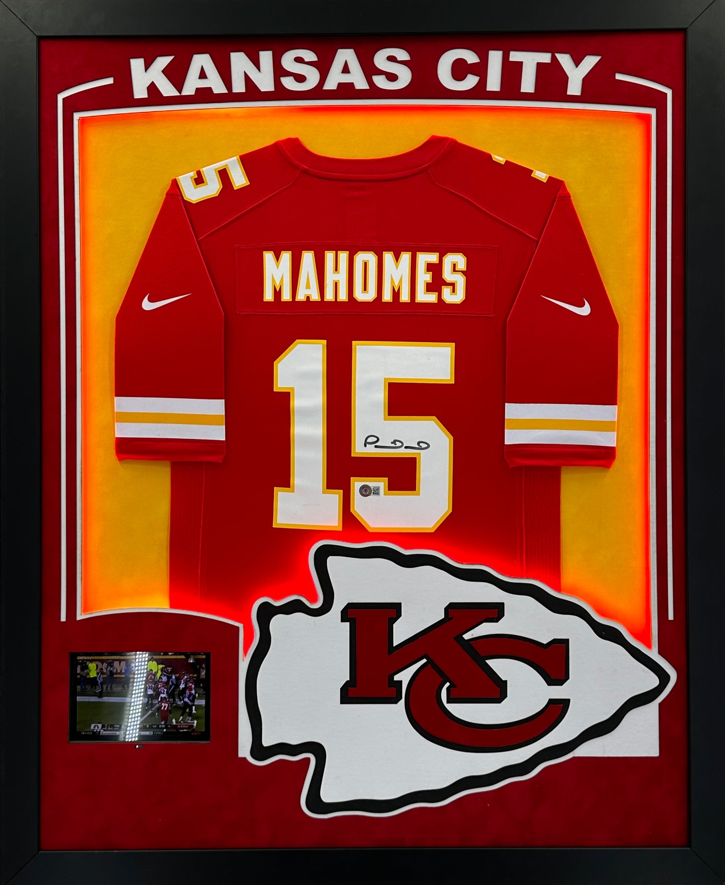 Kansas City Chiefs Patrick Mahomes Hand Signed Autographed Authentic Red Jersey Framed & Double Suede Matted with LED Lights, Video Highlights and Big XL 3D Logo with Beckett COA