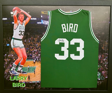 Boston Celtics Larry Bird Hand Signed Autographed Horizontal Large Photo Print Custom Green Framed Jersey with JSA COA