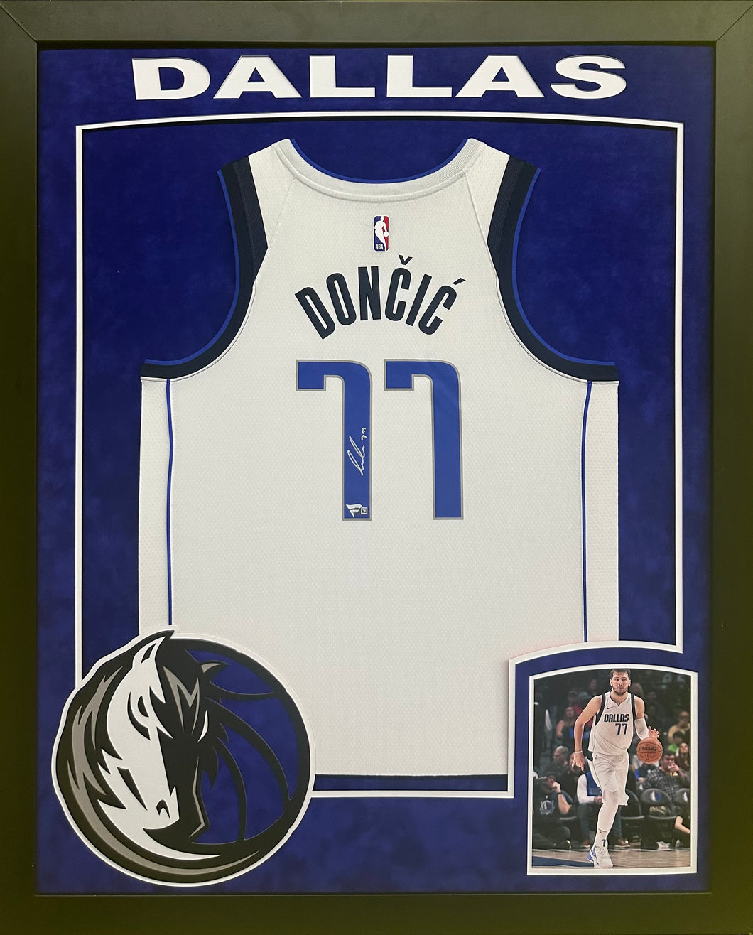 Dallas Mavericks Luka Doncic Hand Signed Autographed Authentic White Jersey Framed & Suede Matted with XL 3D Logo and Team Name Cutout with Fanatics COA