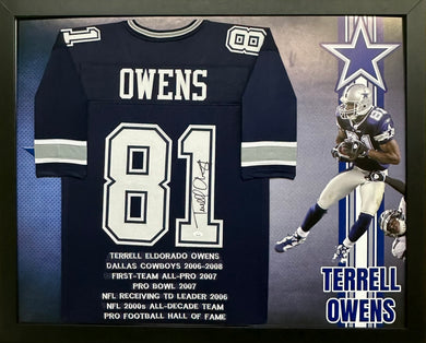 Dallas Cowboys Terrell Owens Hand Signed Autographed Custom Navy Achievement STAT Jersey Horizontal Framed Large Photo Print with JSA COA