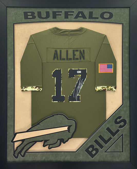 Buffalo Bills Josh Allen Hand Signed Autographed Custom Military Green Salute to Service Jersey Framed & Double Suede Matted with XL 3D Logo Beckett COA